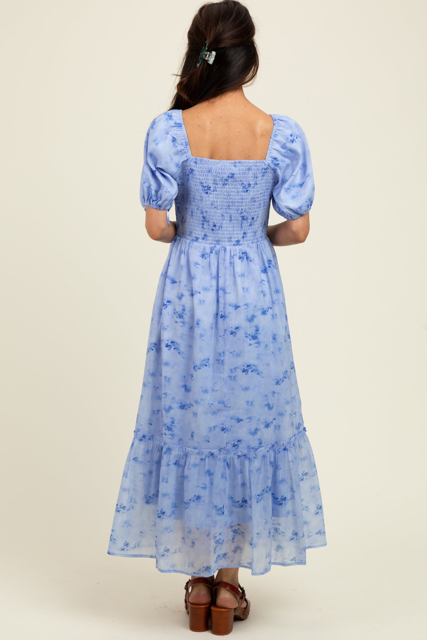 Blue Abstract Puff Sleeve Ruffle Detail Midi Dress