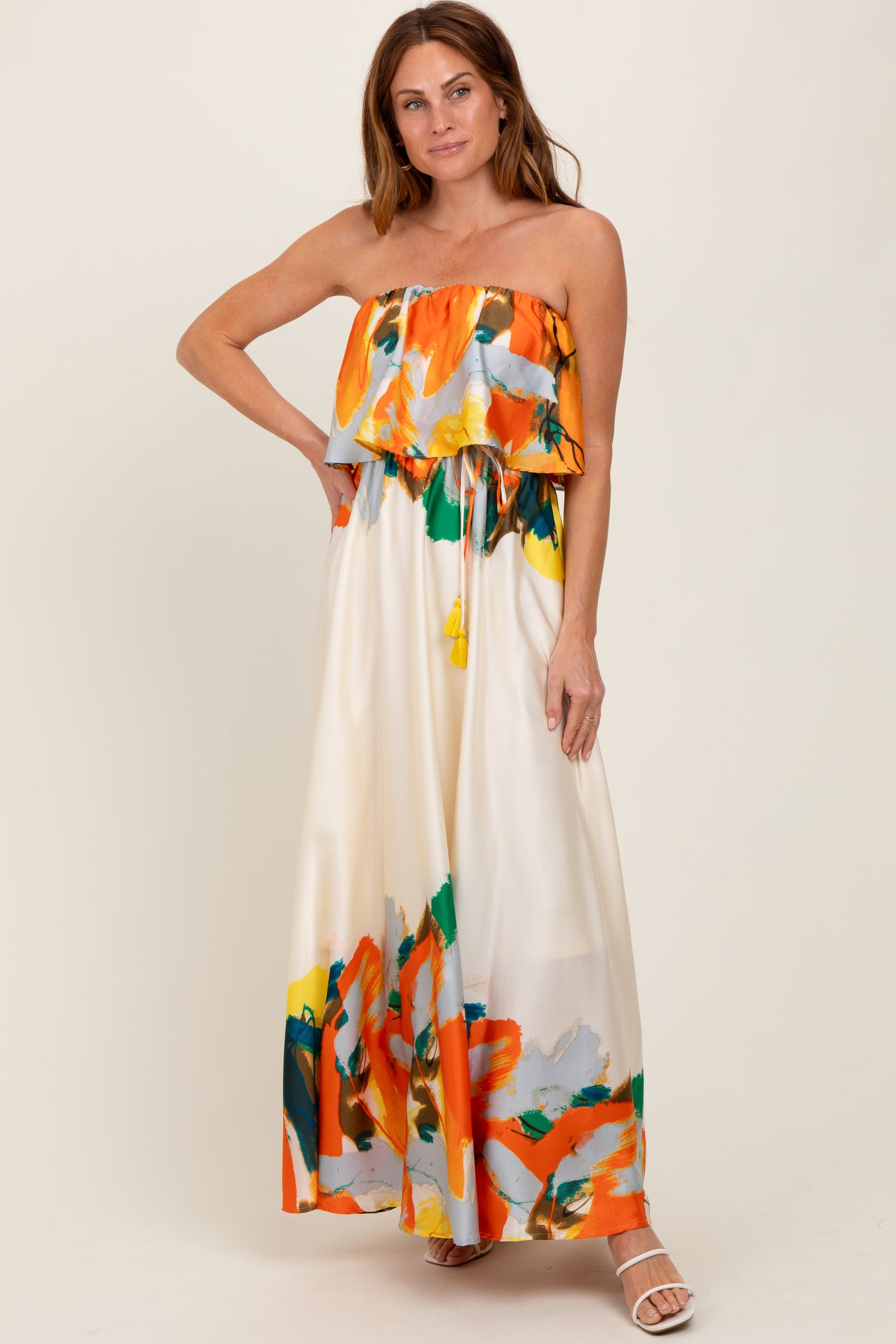 Orange Abstrast Print Strapless Flounce Maxi Dress