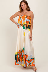 Orange Abstrast Print Strapless Flounce Maxi Dress