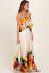 Orange Abstrast Print Strapless Flounce Maxi Dress