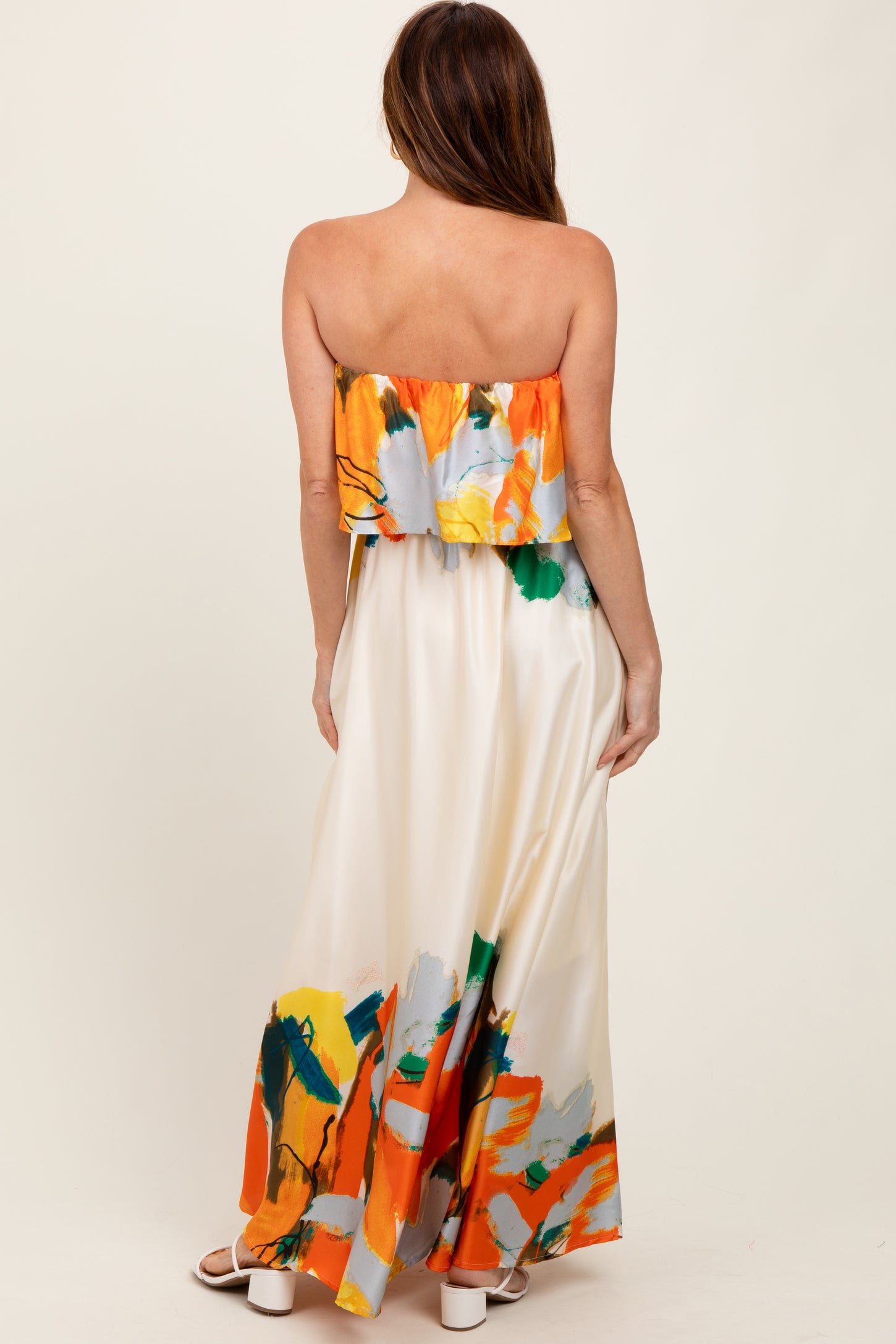 Orange Abstrast Print Strapless Flounce Maxi Dress