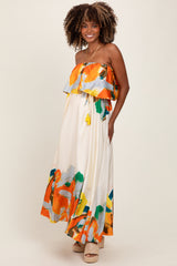 Orange Abstrast Print Strapless Flounce Maternity Maxi Dress