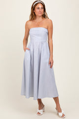 Blue Multi Stripe Strapless Midi Dress