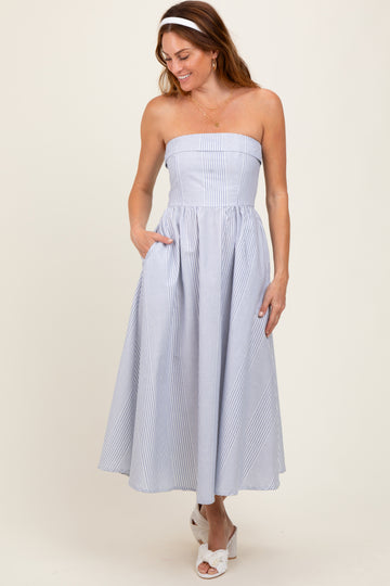 Blue Multi Stripe Strapless Midi Dress