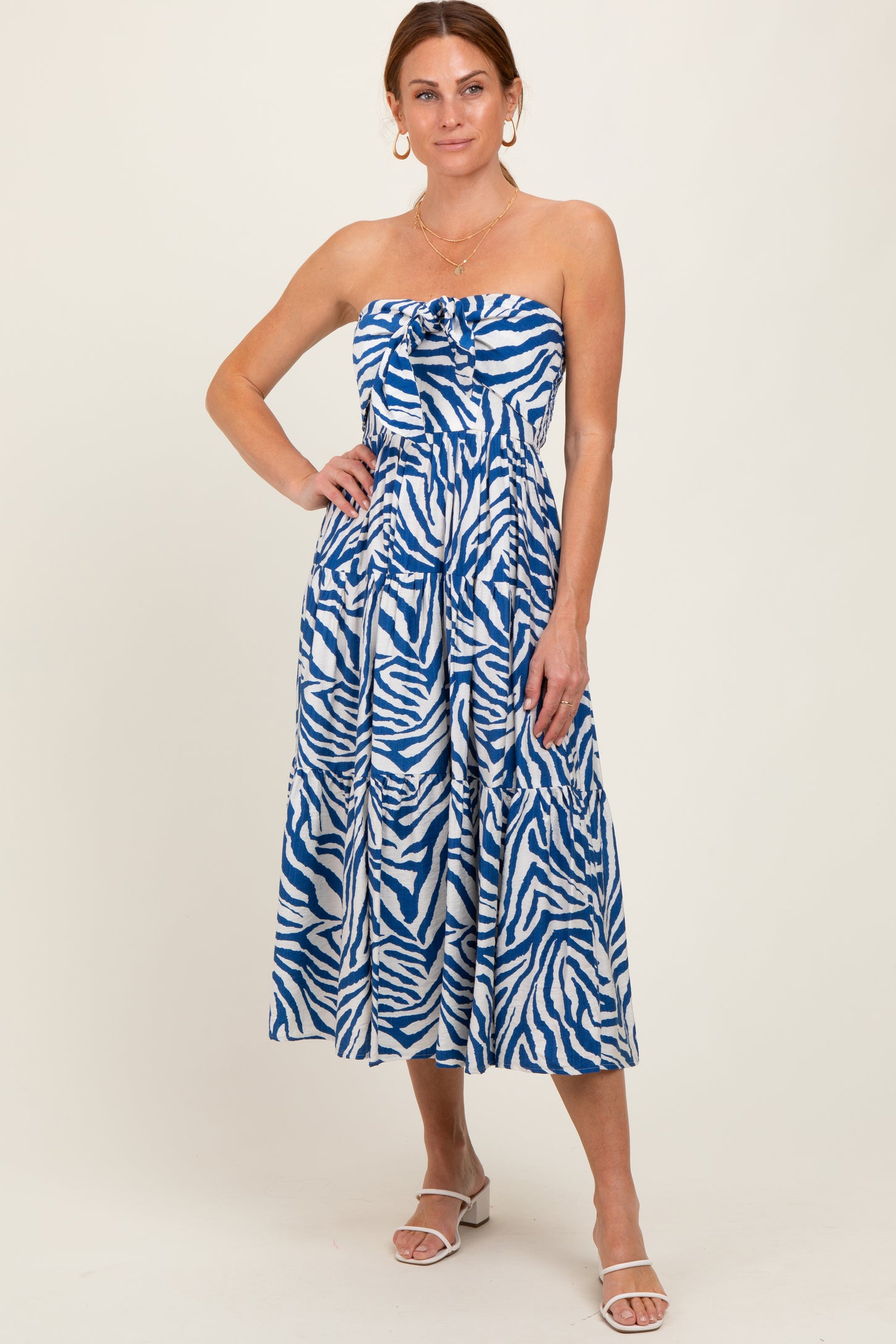 Royal Blue Animal Print Front Tie Strapless Maternity Midi Dress
