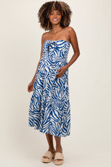 Royal Blue Animal Print Front Tie Strapless Maternity Midi Dress