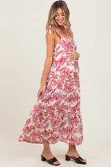 Mauve Floral Shoulder Tie Maternity Midi Dress