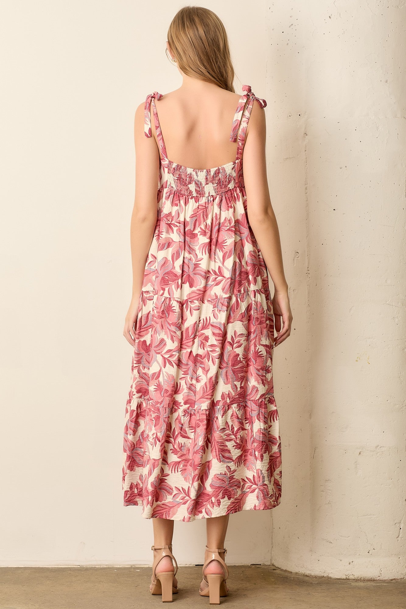 Mauve Floral Shoulder Tie Midi Dress