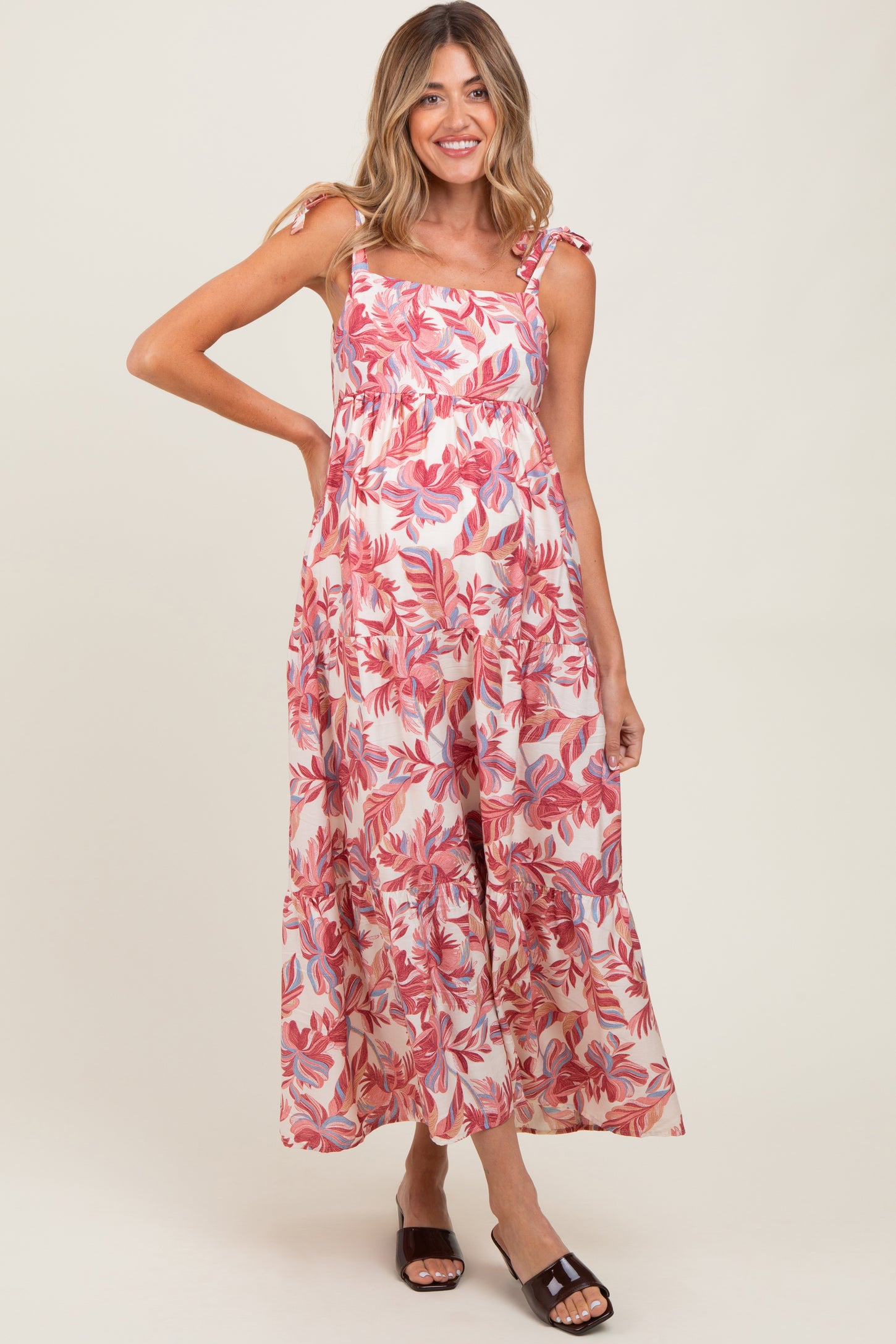 Mauve Floral Shoulder Tie Maternity Midi Dress