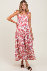 Mauve Floral Shoulder Tie Maternity Midi Dress