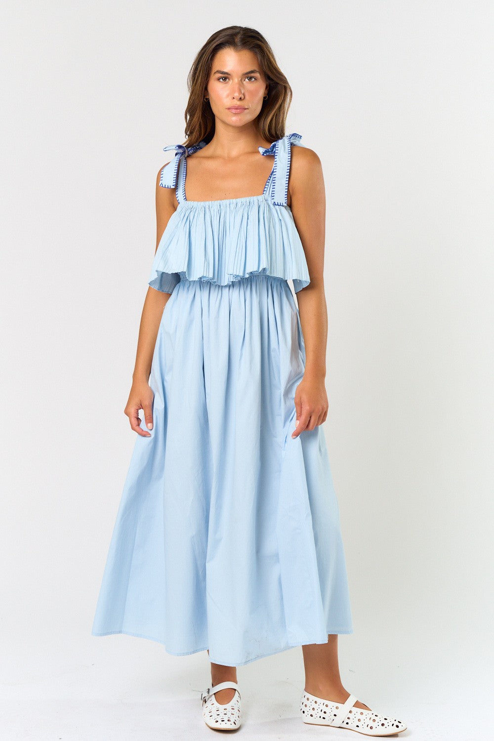 Light Blue Shoulder Tie Flounce Maternity Midi Dress