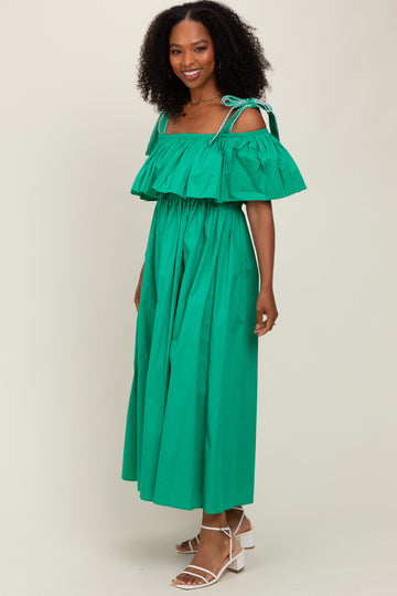 Green Shoulder Tie Flounce Midi Dress