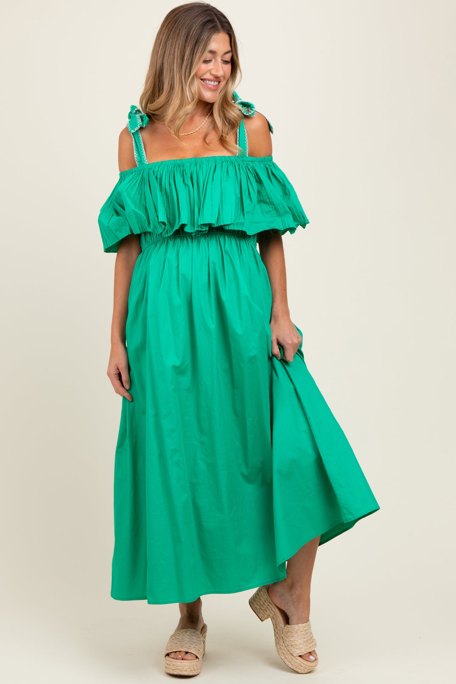 Green Shoulder Tie Flounce Maternity Midi Dress