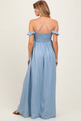 Light Chambray Smocked Denim Off-Shoulder Maternity Maxi Dress