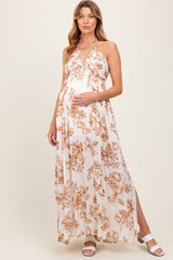 Taupe Floral Tie-Back Halter Maternity Maxi Dress