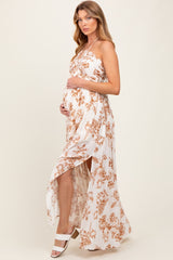 Taupe Floral Tie-Back Halter Maternity Maxi Dress