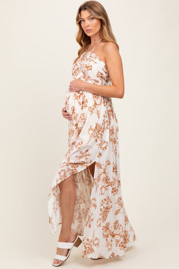 Taupe Floral Tie-Back Halter Maternity Maxi Dress