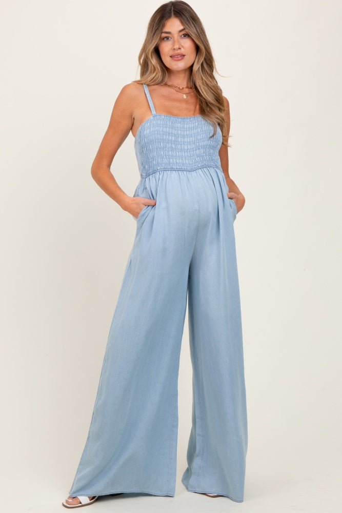 Light Blue Chambray Smocked Maternity Jumpsuit