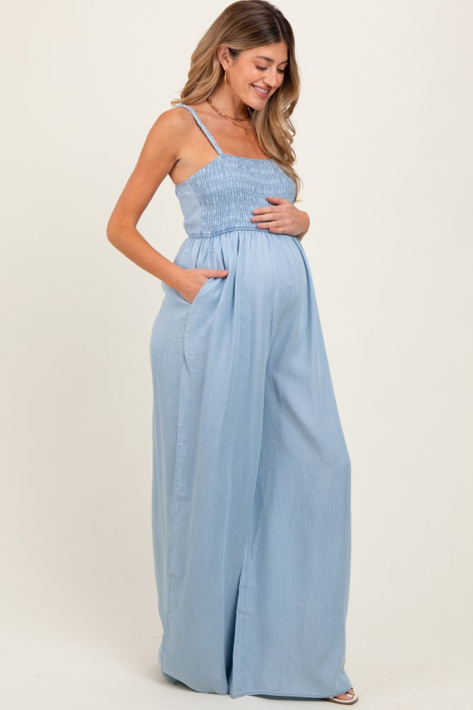 Light Blue Chambray Smocked Maternity Jumpsuit