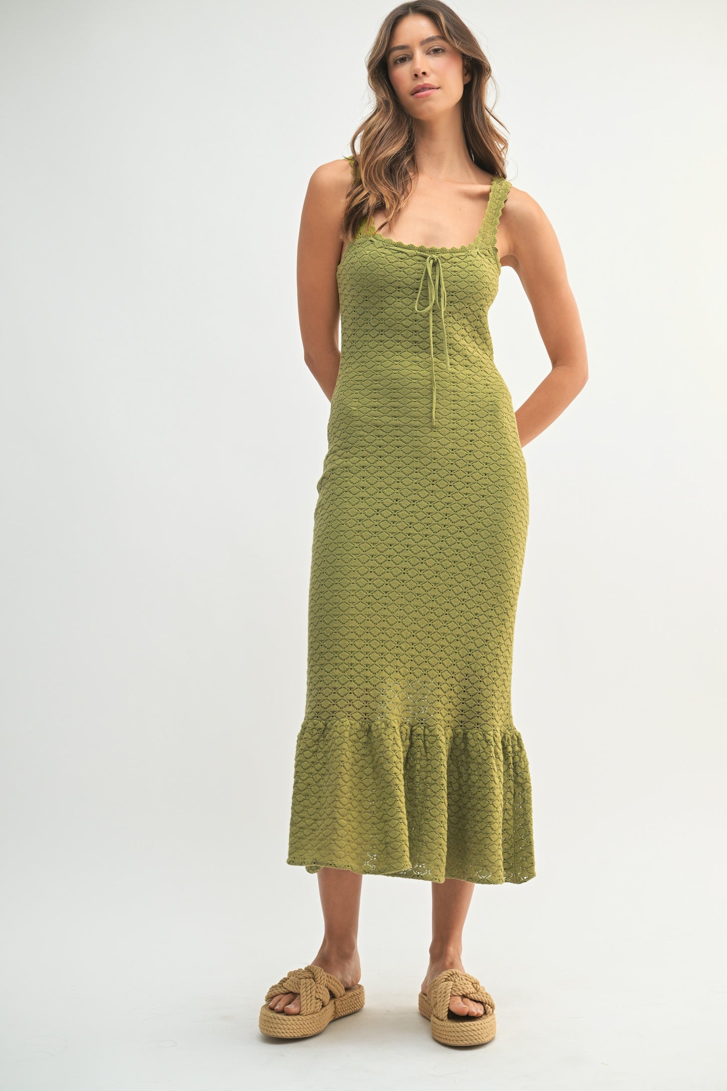 Light Olive Crochet Knit Front Tie Midi Dress