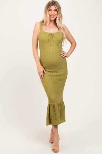 Light Olive Crochet Knit Front Tie Maternity Midi Dress