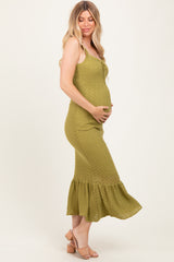 Light Olive Crochet Knit Front Tie Maternity Midi Dress