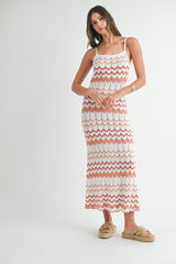 Salmon Pointelle Chevron Knit Open Back Midi Dress
