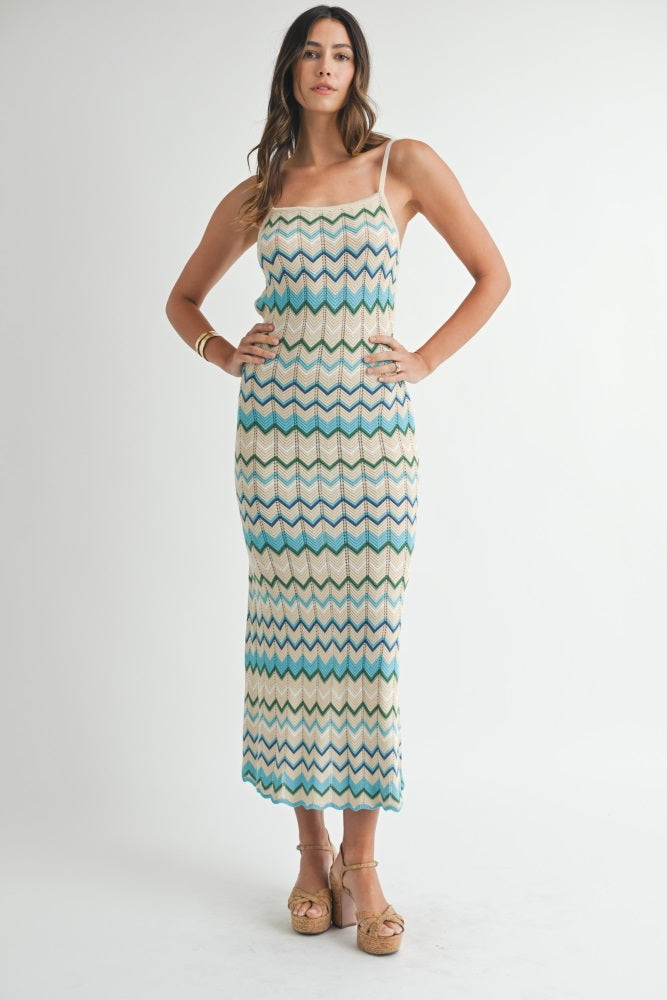 Aqua Pointelle Chevron Knit Open Back Midi Dress