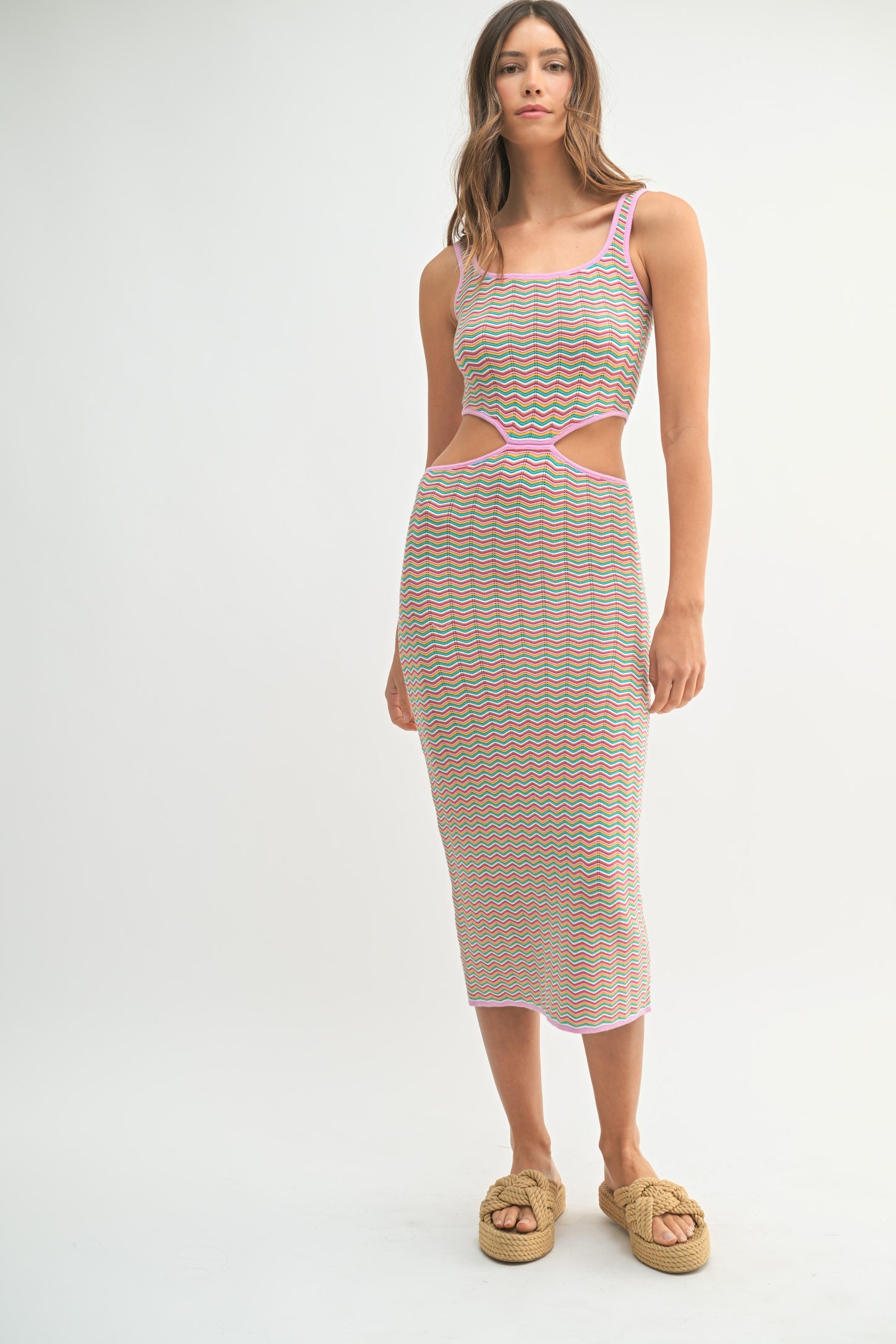 Pink Chevron Knit Cutout Midi Dress