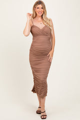 Mocha Mesh Ruched Fitted Maternity Midi Dress