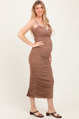 Mocha Mesh Ruched Fitted Maternity Midi Dress