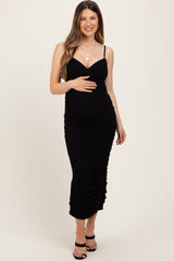 Black Mesh Ruched Fitted Maternity Midi Dress