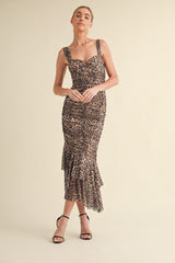 Mocha Animal Print Ruched Mermaid Midi Dress