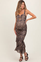 Mocha Animal Print Ruched Mermaid Maternity Midi Dress