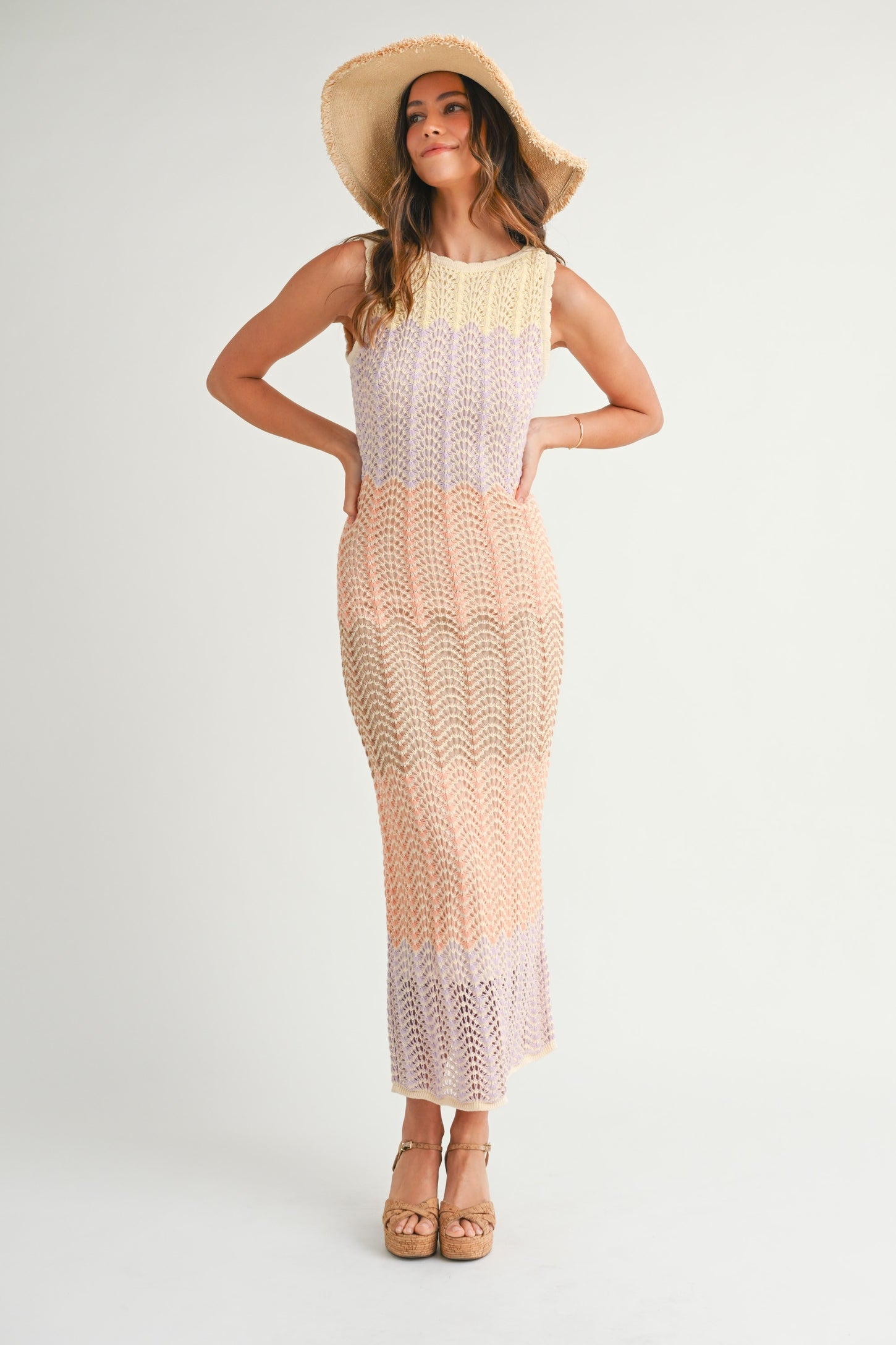 Peach Colorblock Crochet Knit Open Tie Back Maternity Maxi Dress