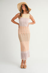 Peach Colorblock Crochet Knit Open Tie Back Maternity Maxi Dress