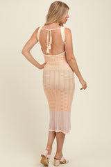 Peach Colorblock Crochet Knit Open Tie Back Maternity Maxi Dress