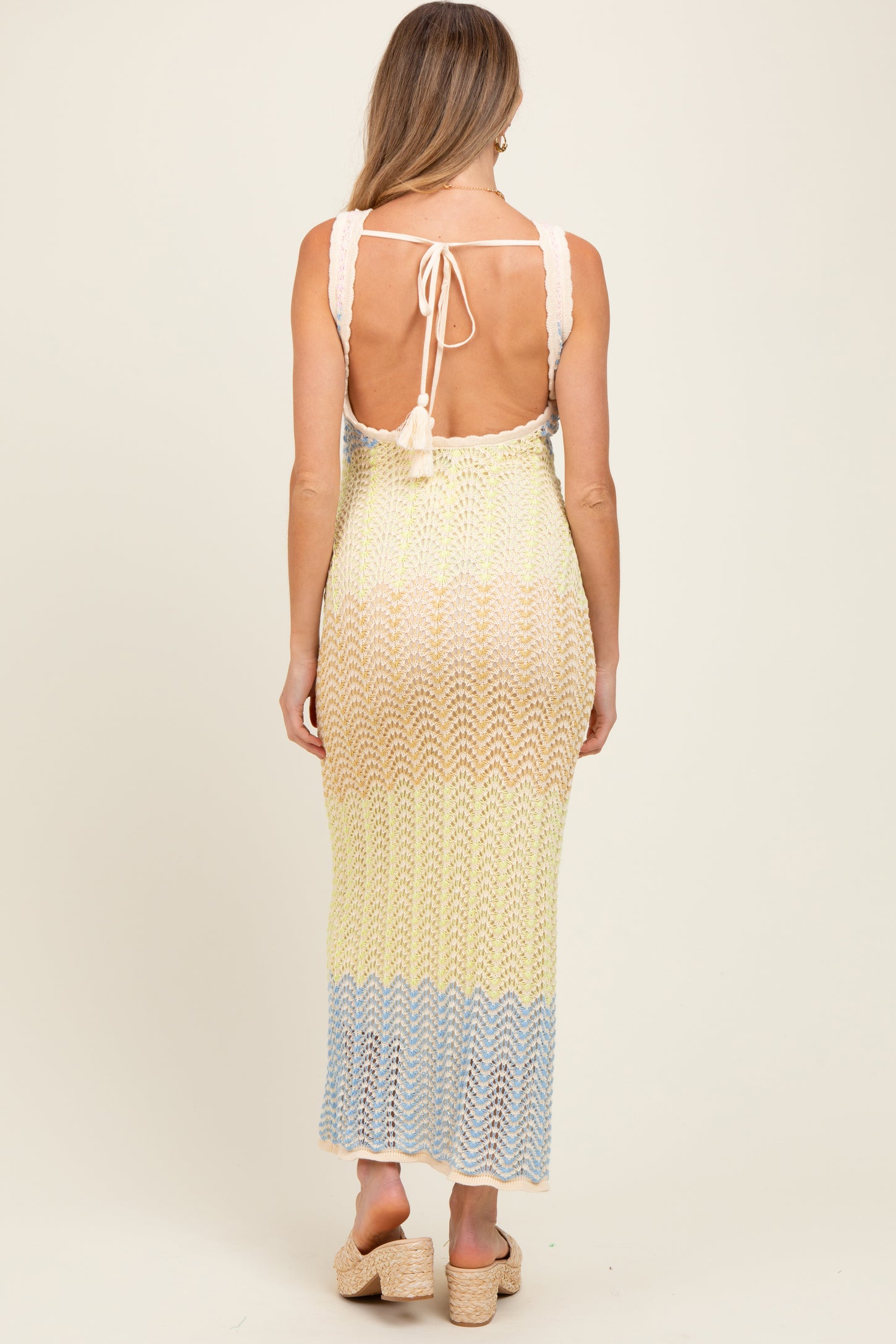 Yellow Colorblock Crochet Knit Open Tie Back Maternity Maxi Dress