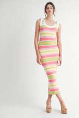 Pink Colorblock Stripe Shoulder Tie Midi Dress