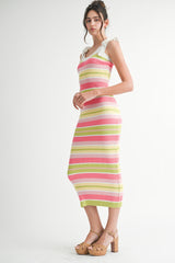 Pink Colorblock Stripe Shoulder Tie Midi Dress