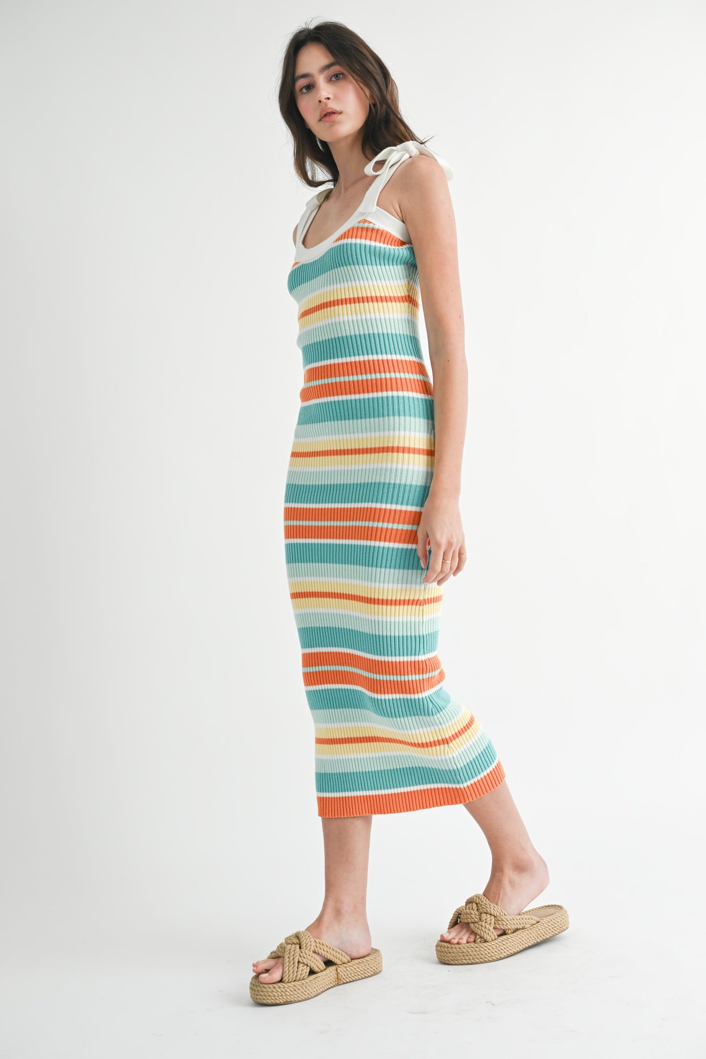 Light Teal Colorblock Stripe Shoulder Tie Midi Dress