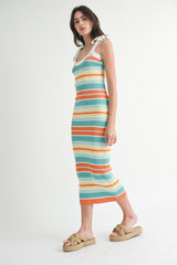 Light Teal Colorblock Stripe Shoulder Tie Midi Dress