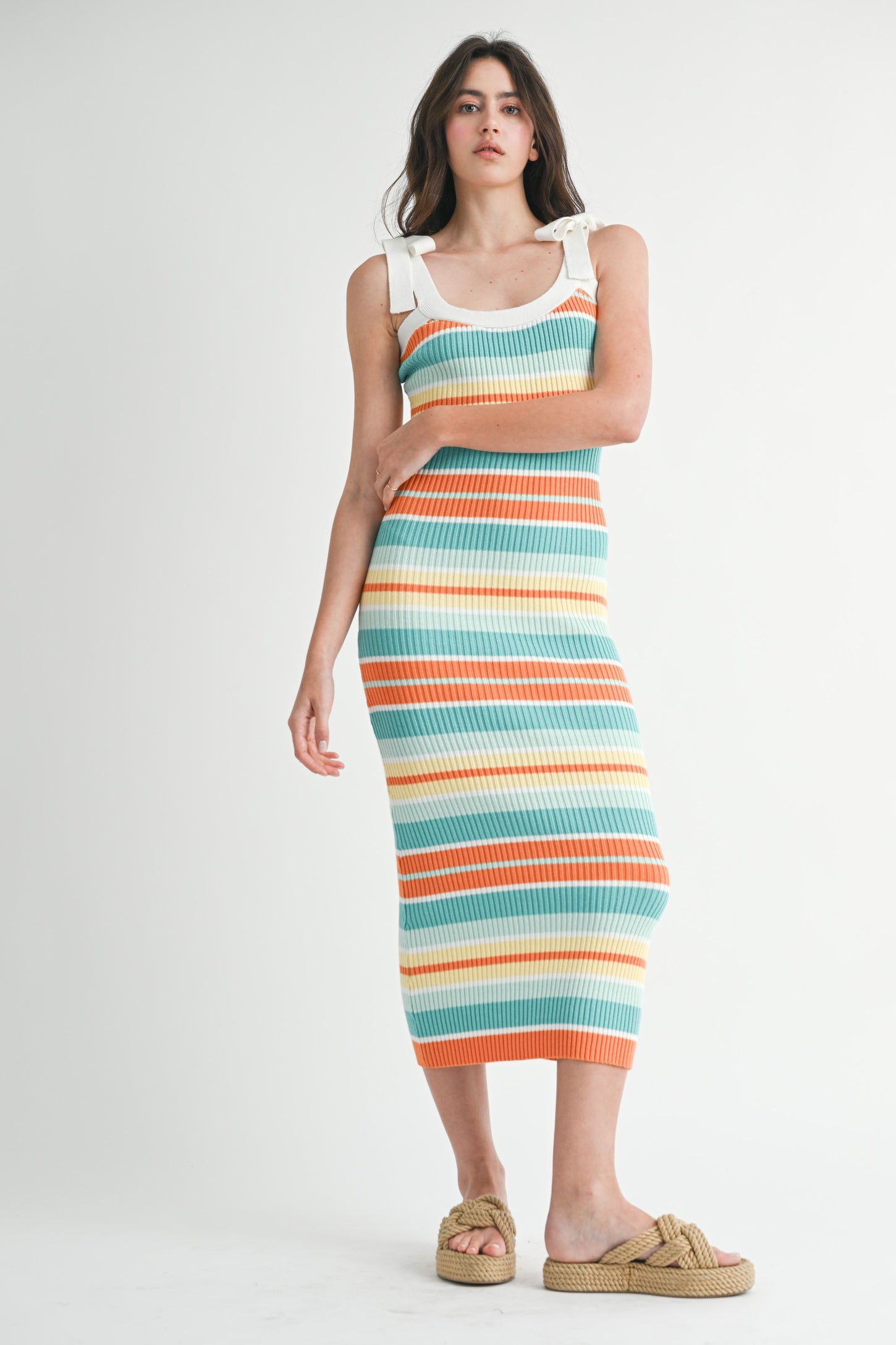 Light Teal Colorblock Stripe Shoulder Tie Midi Dress