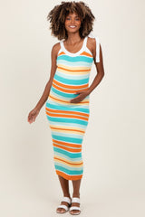 Light Teal Colorblock Stripe Shoulder Tie Maternity Midi Dress