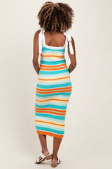 Light Teal Colorblock Stripe Shoulder Tie Maternity Midi Dress