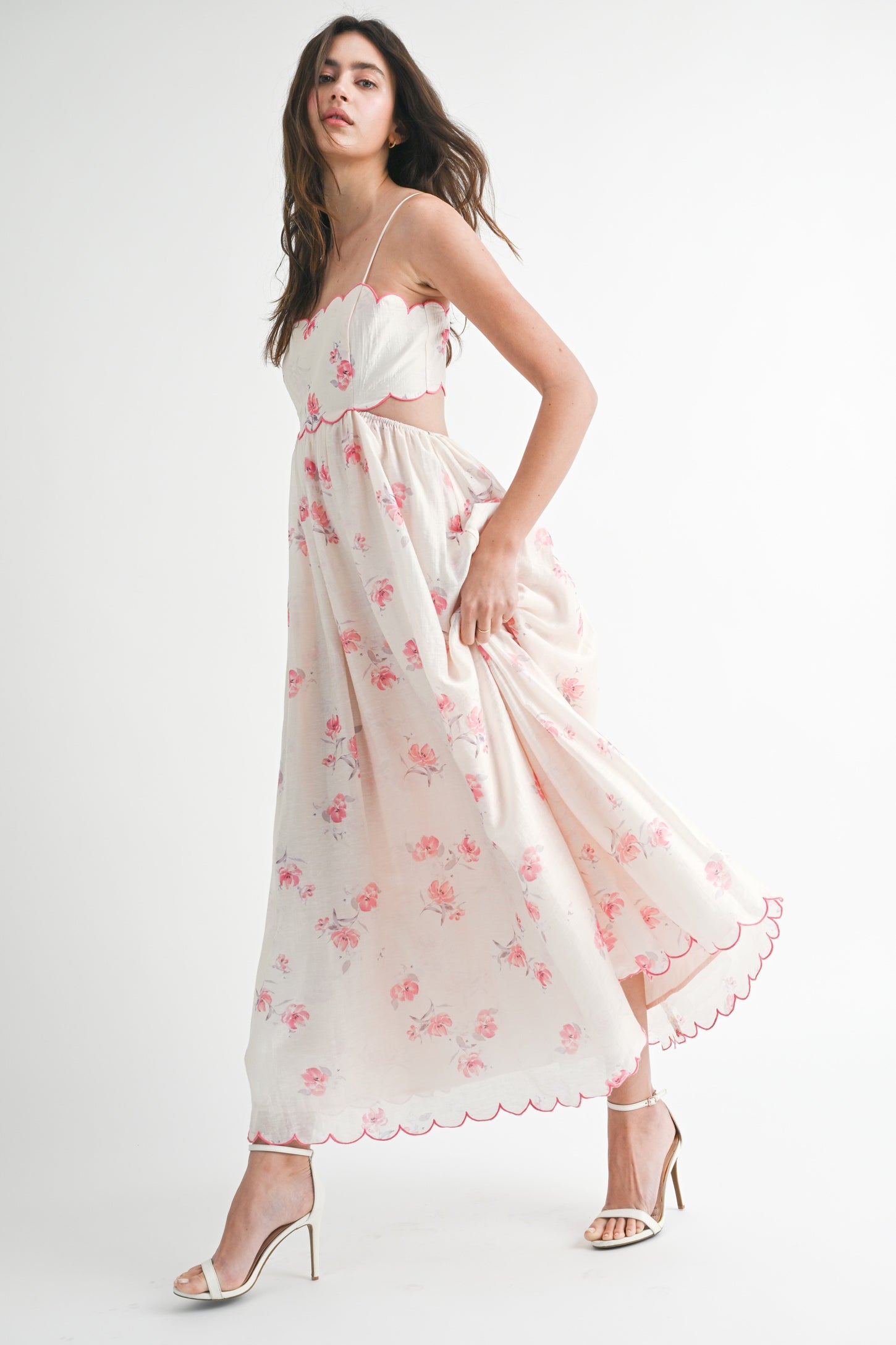 Pink Floral Scallop Edge Back Cutout Maternity Maxi Dress