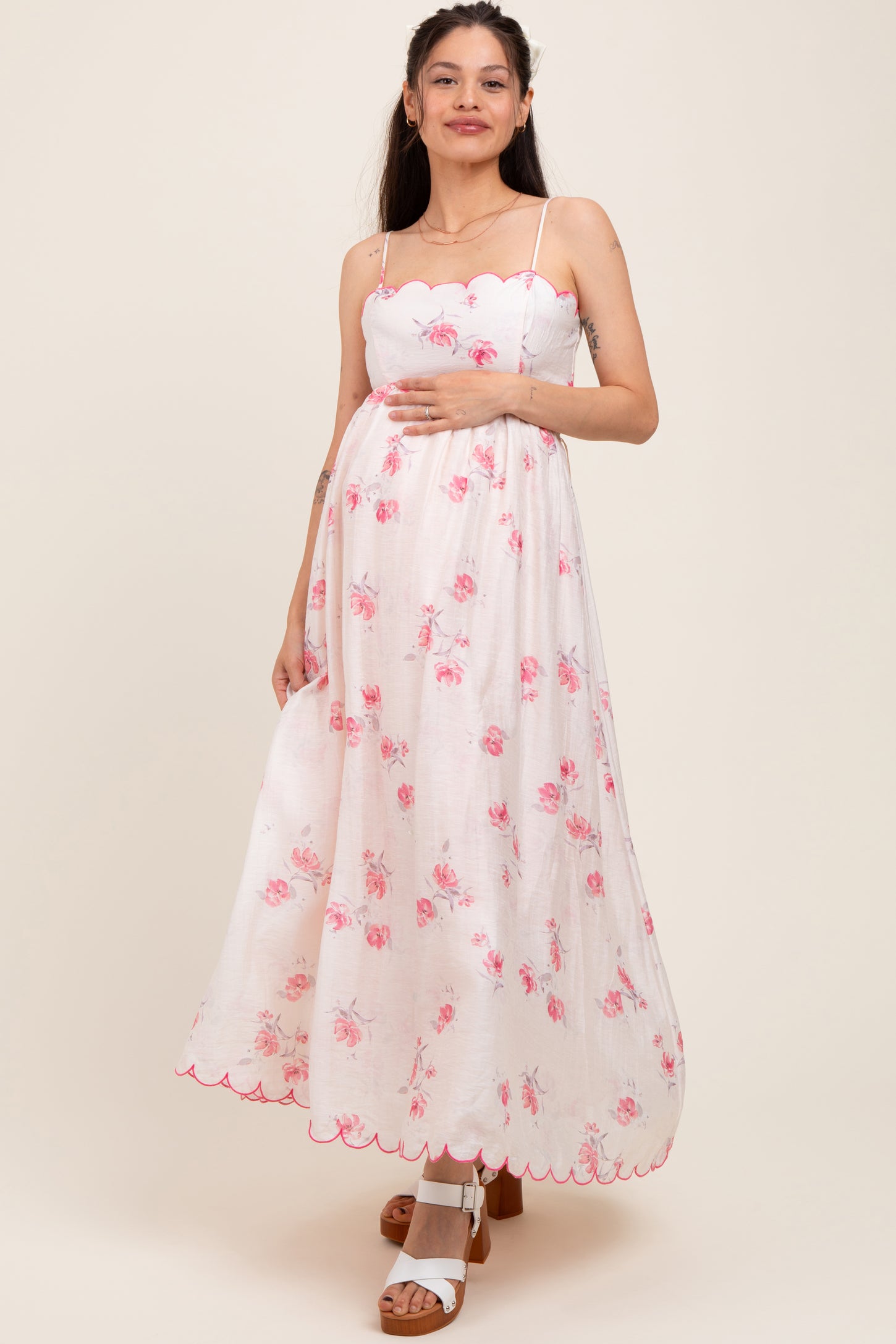 Pink Floral Scallop Edge Back Cutout Maternity Maxi Dress