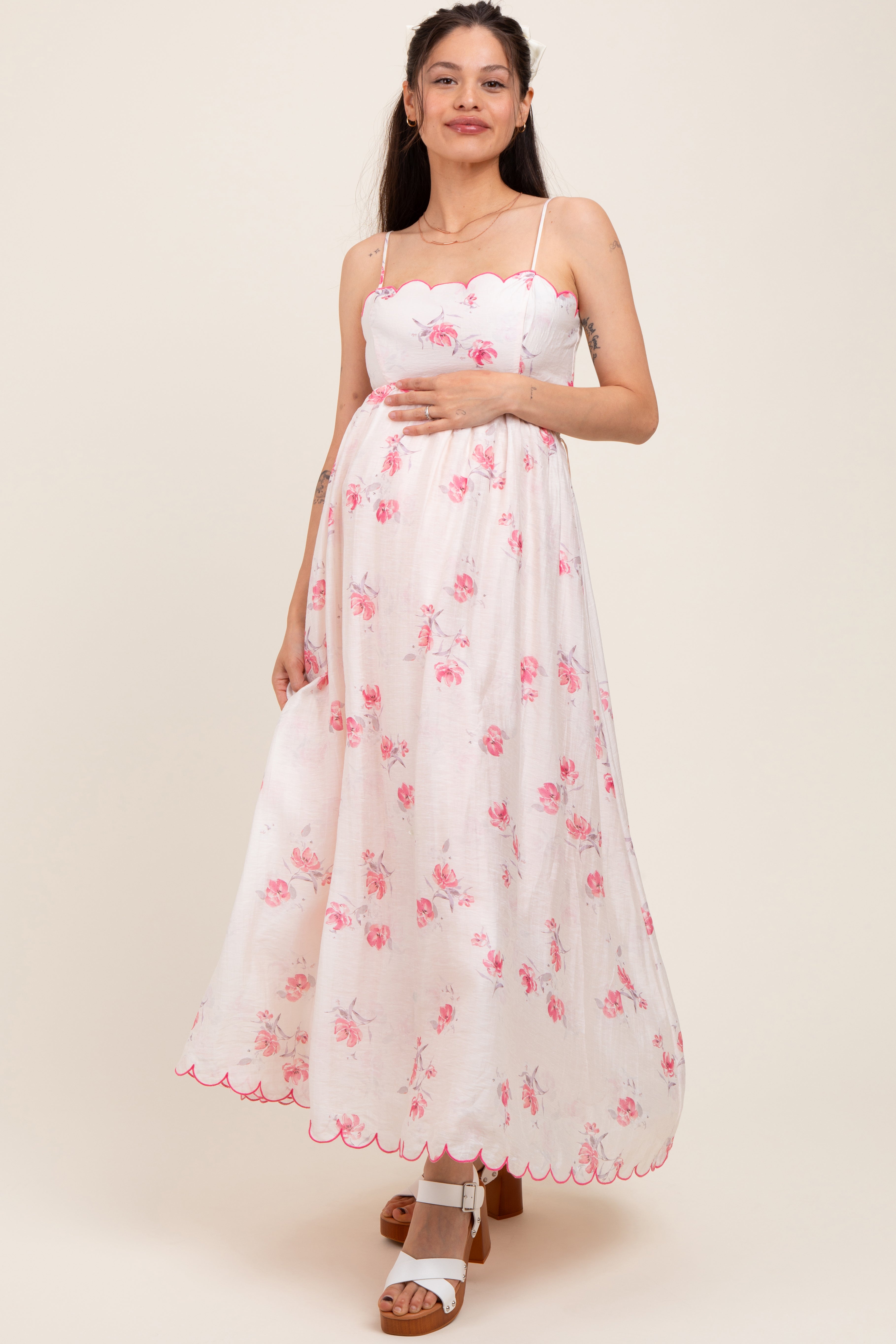 blush pink scalloped dress There's A Twist Blush Floral Scalloped Midi Dress, Medium - The Mint Julep Boutique