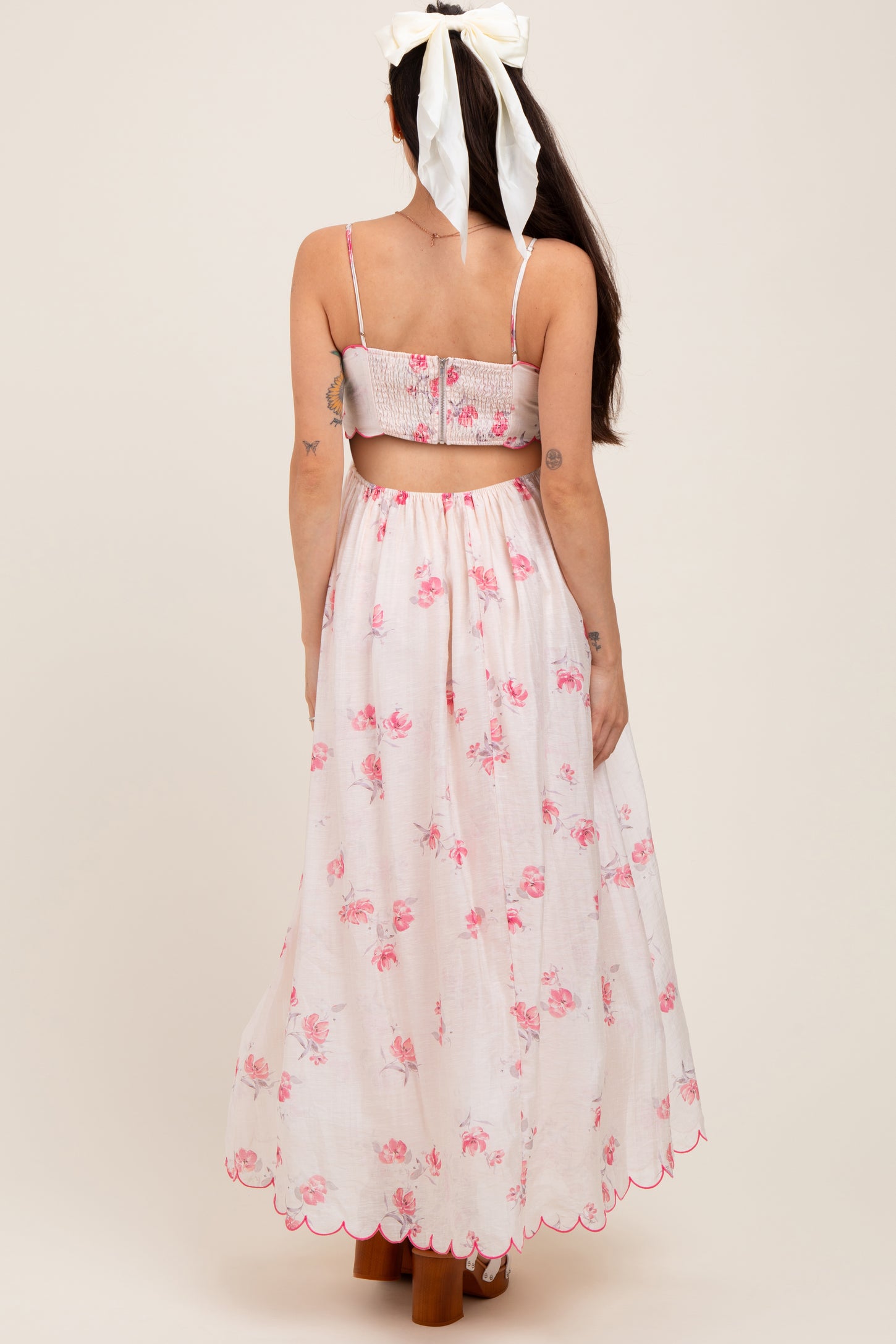 Pink Floral Scallop Edge Back Cutout Maternity Maxi Dress