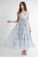 Blue Floral Scallop Edge Back Cutout Maternity Maxi Dress